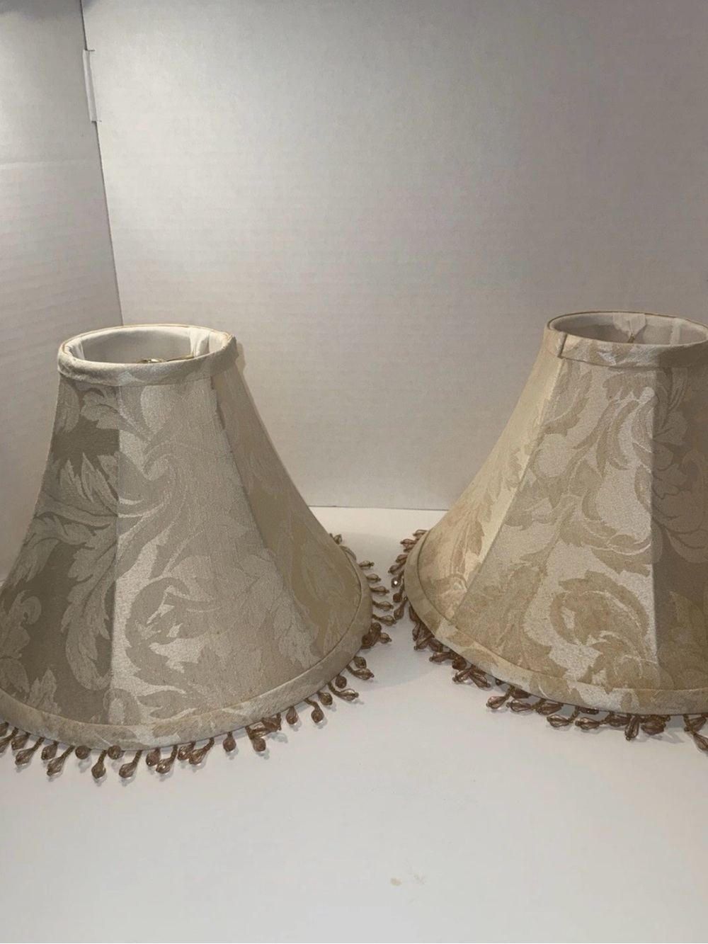 Pair Beige Damask Bell Lamp Shades Amber Beaded Fringe  Vintage Style